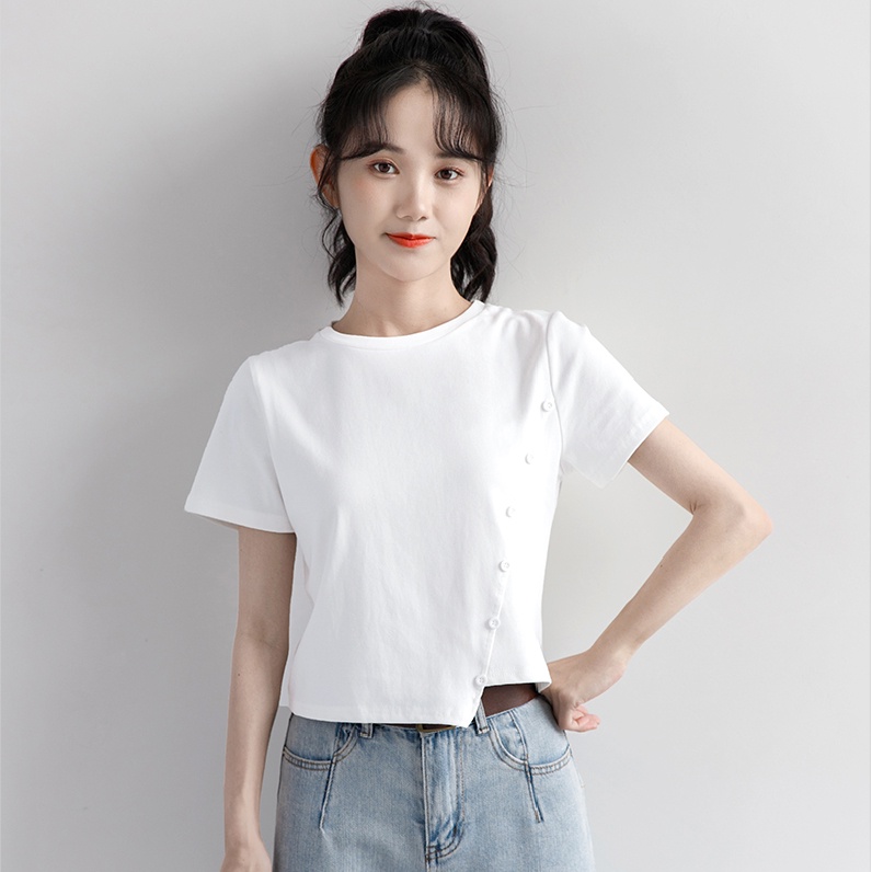 Áo croptop nữ OKIMAC thun nữ cổ tròn vạt lệch phối cúc 3 màu trắng, đen, xanh chất cotton co giãn thời trang nữ