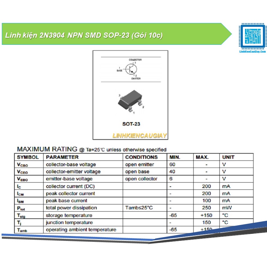 Linh kiện 2N3904 NPN SMD SOP-23 (Gói 10c)
