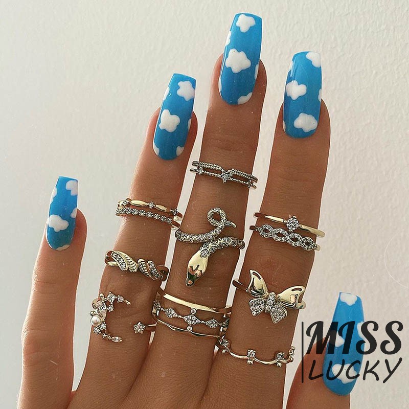 (Hàng Mới Về) Móng Tay Giả Ngắn Màu Xanh Da Trời Và Mây Xanh Chống Nước Dễ Tẩy Trang