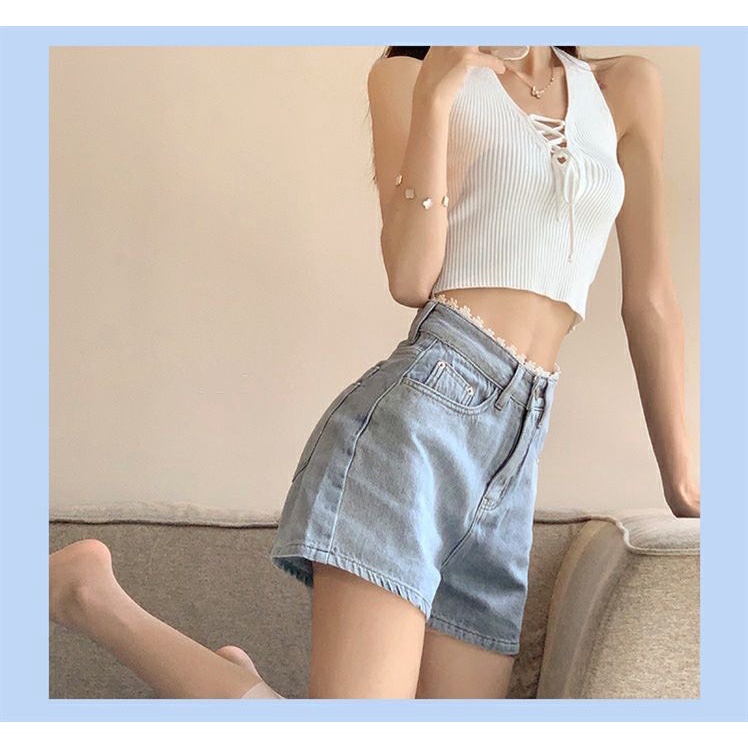 Quần sooc cạp cao ren hoa, quần short jean lưng cao
