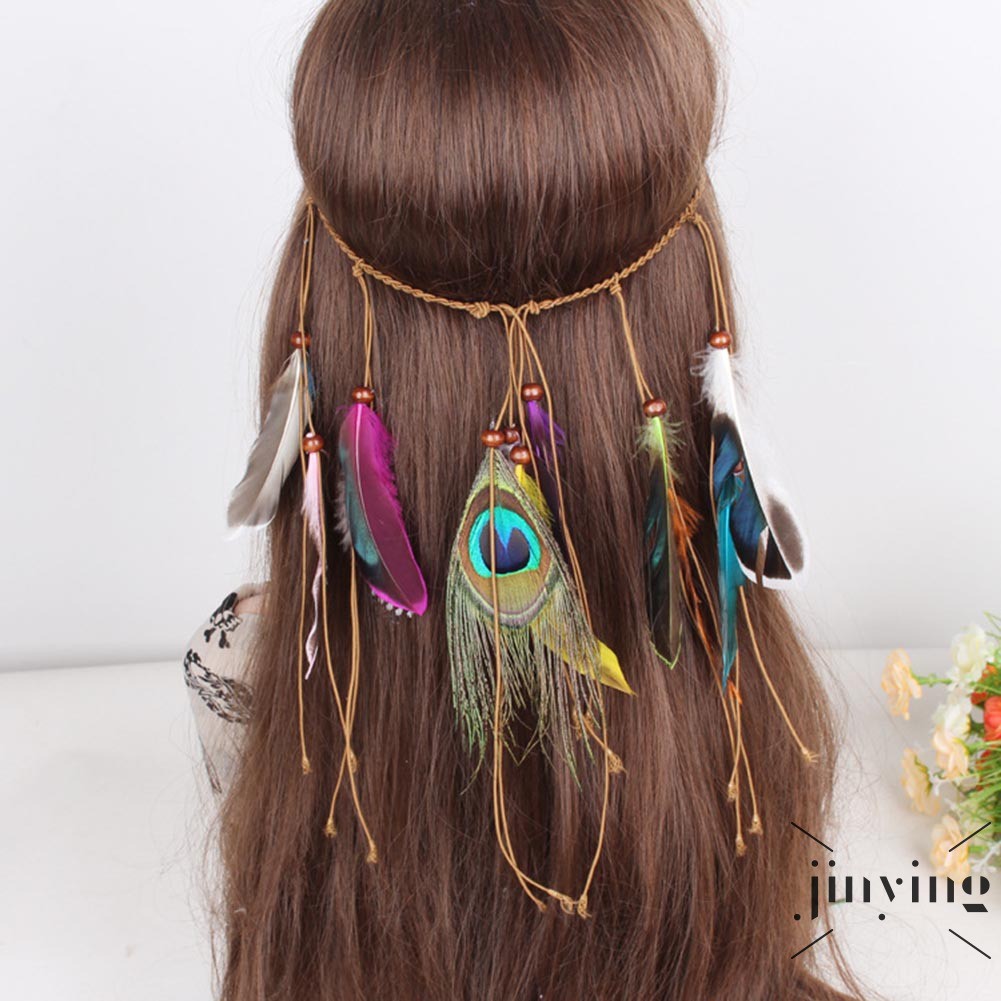 GETNOIVAS Băng đô đính lông vũ phong cách Boho