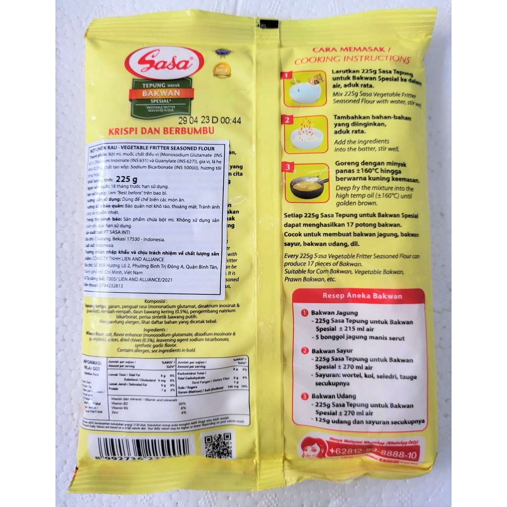 [Gói 225g] BỘT CHIÊN RAU CỦ [Indonesia] SASA Vegetable Fritter Seasoned Flour (halal)