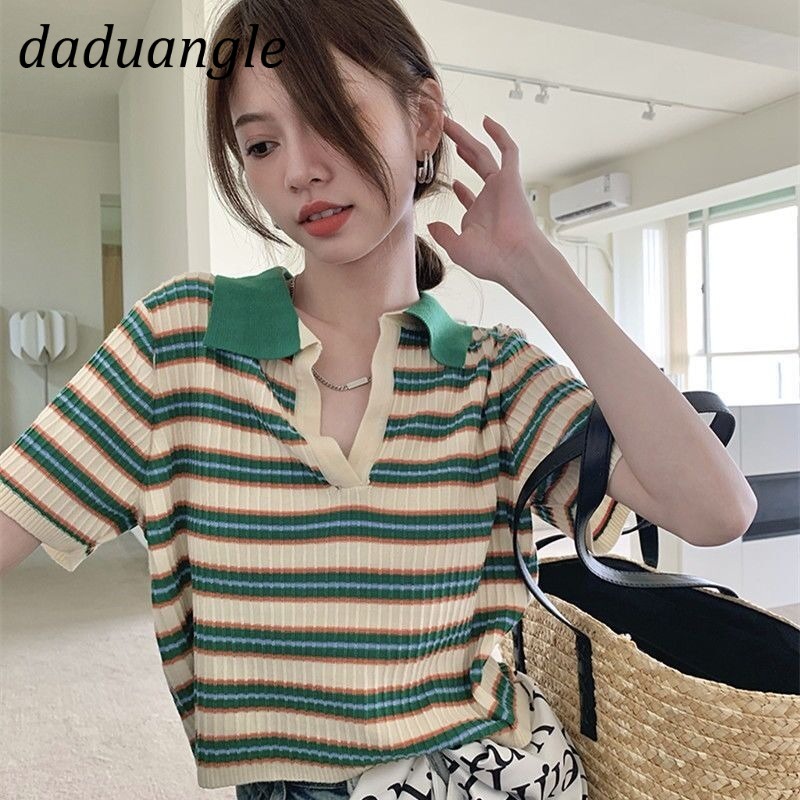 Áo thun Daduhey cổ Polo tay ngắn họa tiết sọc Retro thời trang mùa hè 2022 cho nữ
