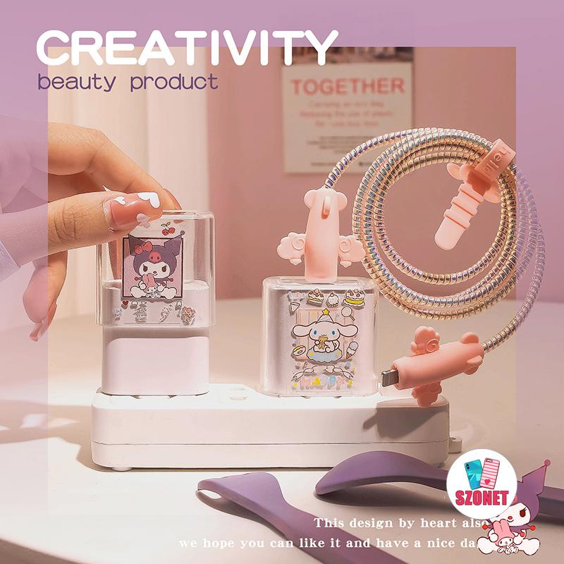 Vỏ Bọc Bảo Vệ Dây Cáp Sạc iPhone Màu Huỳnh Quang Trong Suốt Họa Tiết Hoạt Hình Dễ Thương