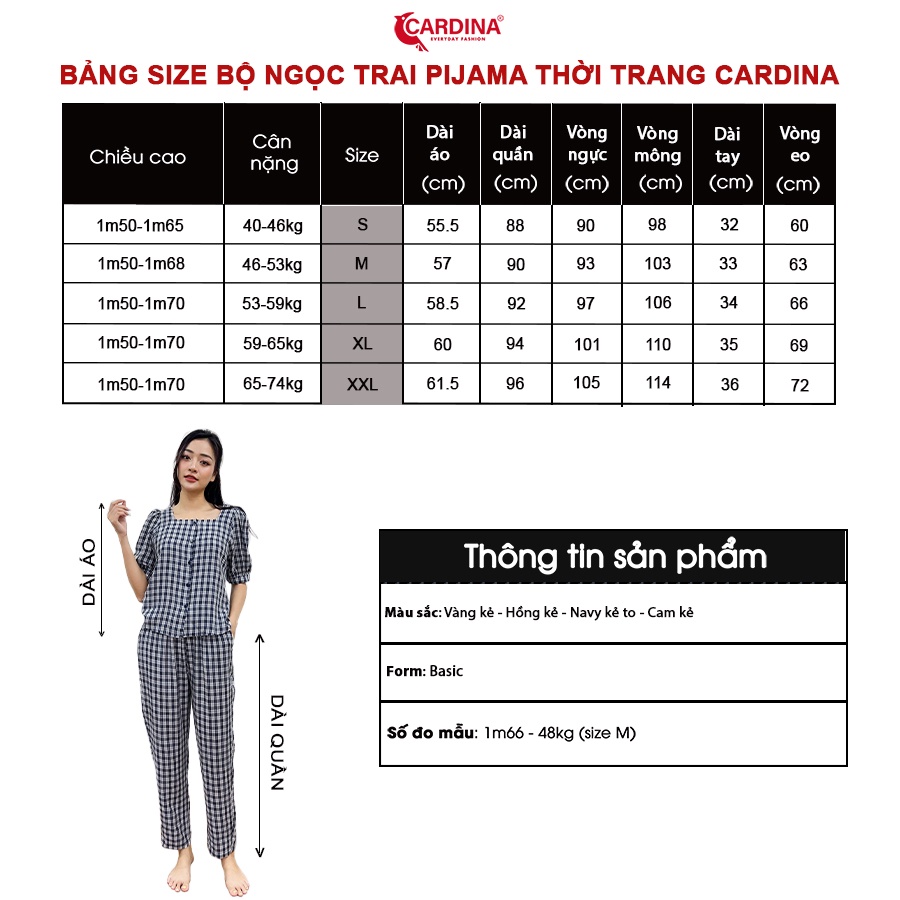 Đồ Bộ Nữ 𝐂𝐀𝐑𝐃𝐈𝐍𝐀 4 Màu Kẻ Chất Thô Nhật Cao Cấp Áo Cổ Vuông Tay Phồng Quần Dài Thoáng Mát Nhẹ Nhàng 2BTH02