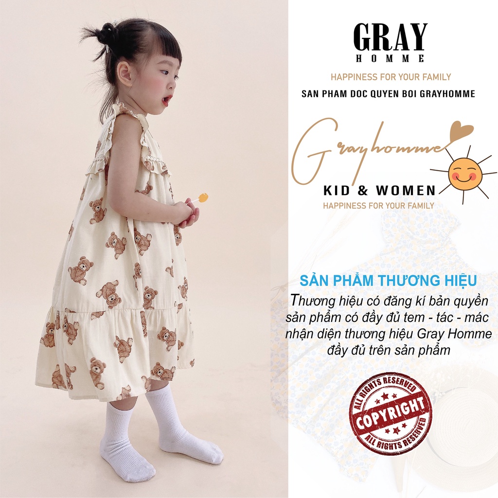 Váy Bé Gái Họa Tiết Gấu GRAYHOMME Chất Lanh cotton cao cấp mềm, nhẹ, siêu mát, cử động thoải mái VK006