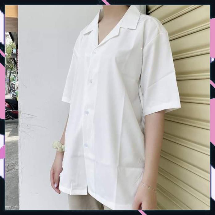 Áo sơ mi tay ngắn Cổ Vest trắng đen Unisex NAM NỮ trơn vải Cotton lụa mềm Ngắn tay form rộng * ྇