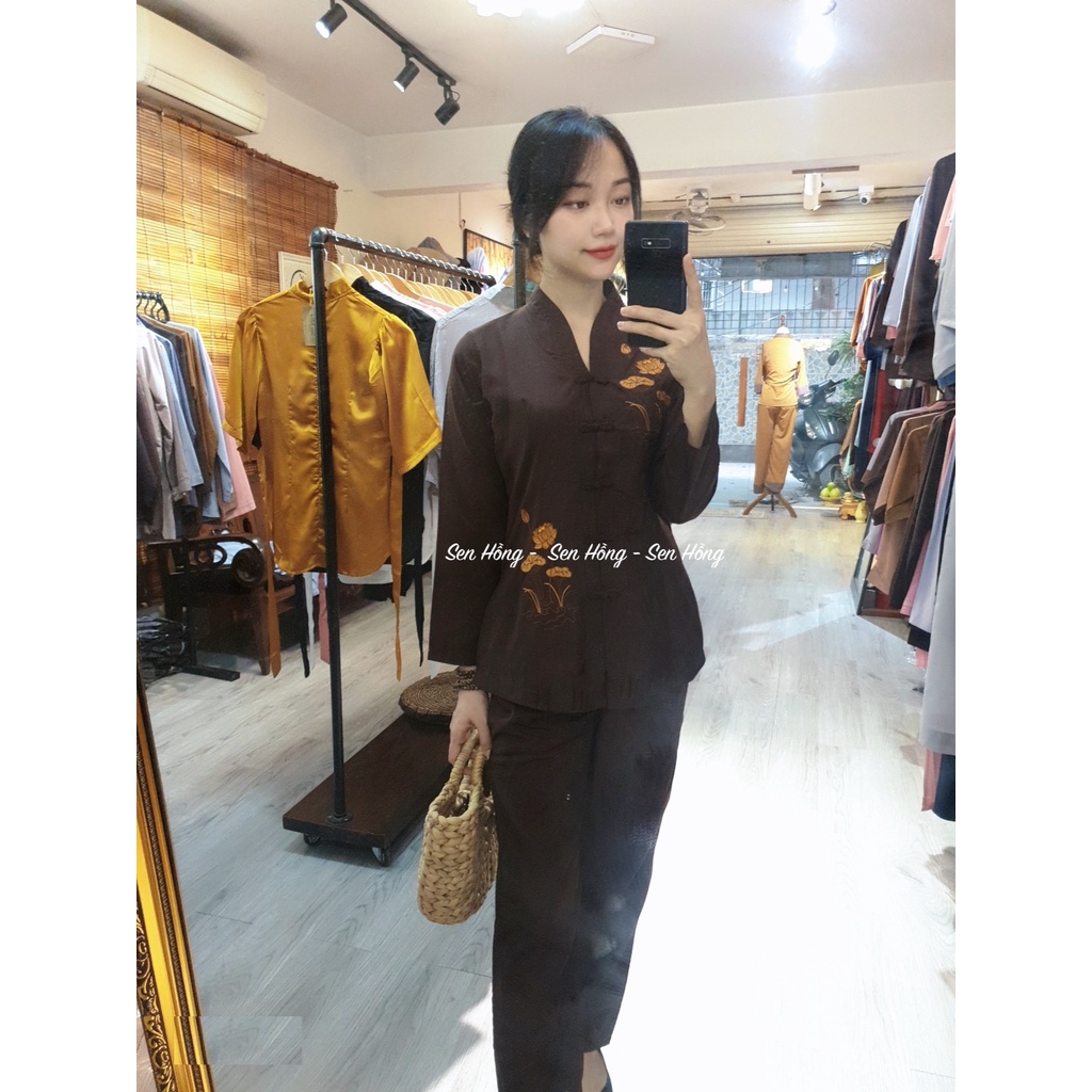 *️⃣ Bộ đồ lam Phật tử đi chùa - bà lai thêu hoa sen sắc nét vải kate loại 1 - Pháp Phục Sen Hồng mã B4