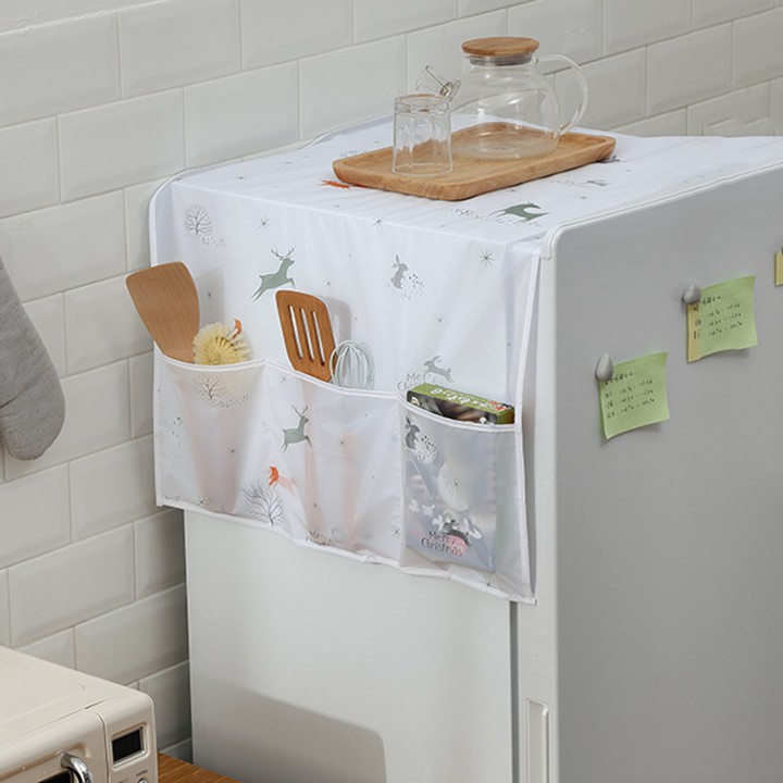 HCM - Khăn phủ tủ lạnh chống thấm nước kèm 6 ngăn đựng đồ tiện lợi