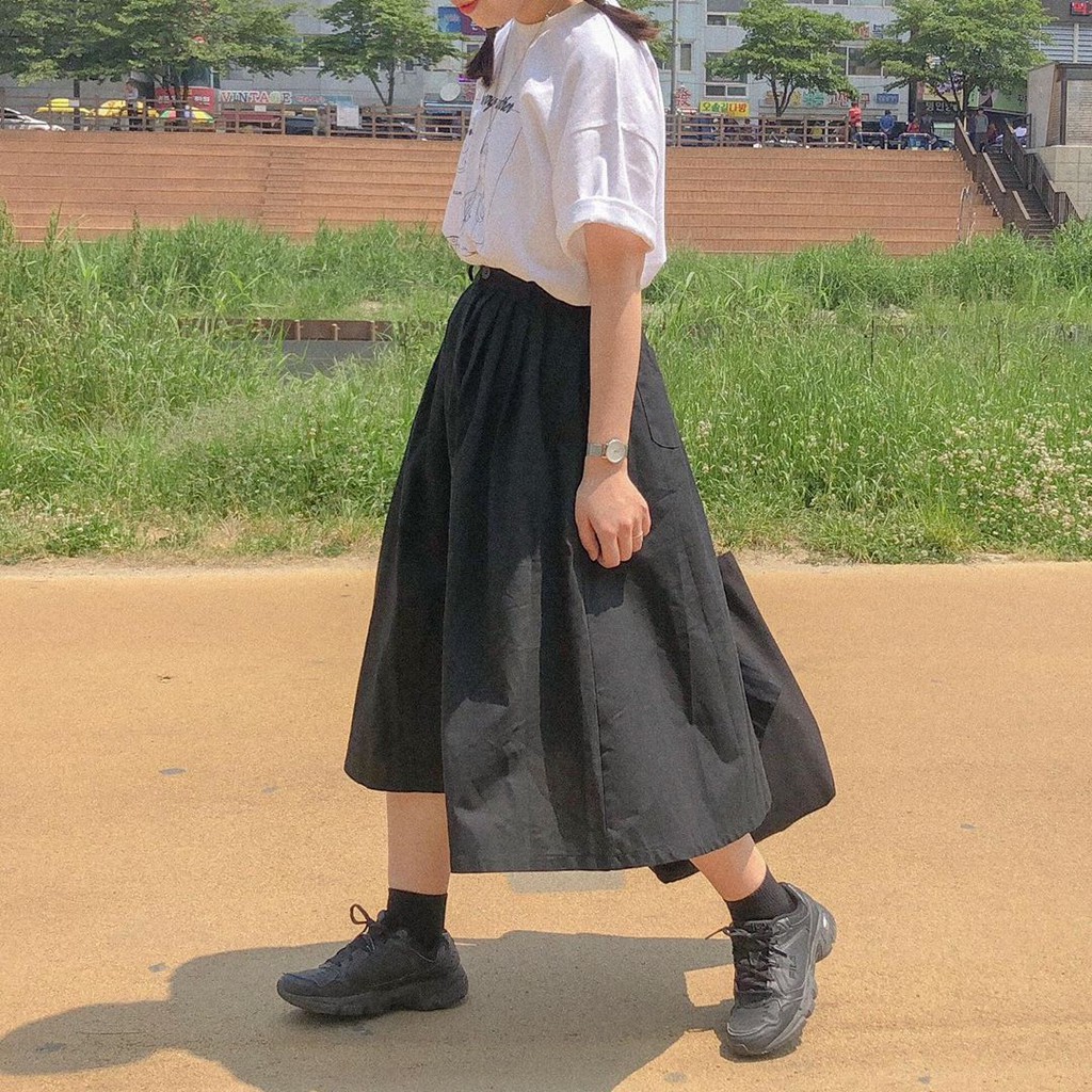[Có sẵn] SKIRT - Váy dài vải Kaki lưng thun kèm khoá kéo Kawaii.vn (2 màu)