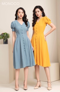 Đầm Cổ V Tay phồng nút bọc xt