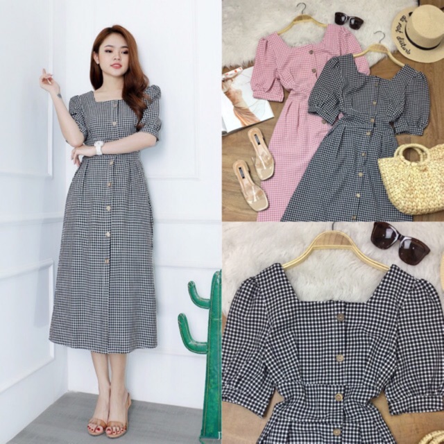 Đầm váy maxi dài kẻ ô cổ U, thời trang nữ cho bạn gái văn phòng