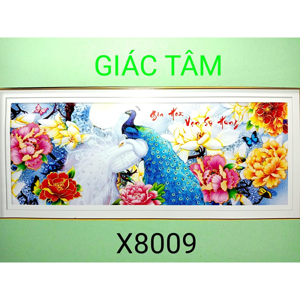 Tranh thêu GIA HÒA VẠN SỰ HƯNG - 97x42cm - X8009 - CÔNG KHỔNG TƯỚC BÔNG HOA MẪU ĐƠN MAI BƯỚM CHỮ - chưa thêu