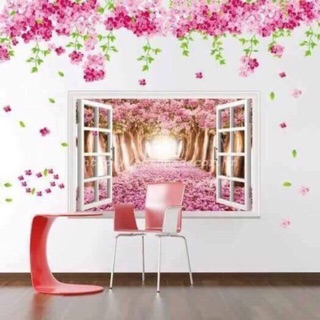 Decal dán tường kết hợp 2 bức cửa sổ và hoa