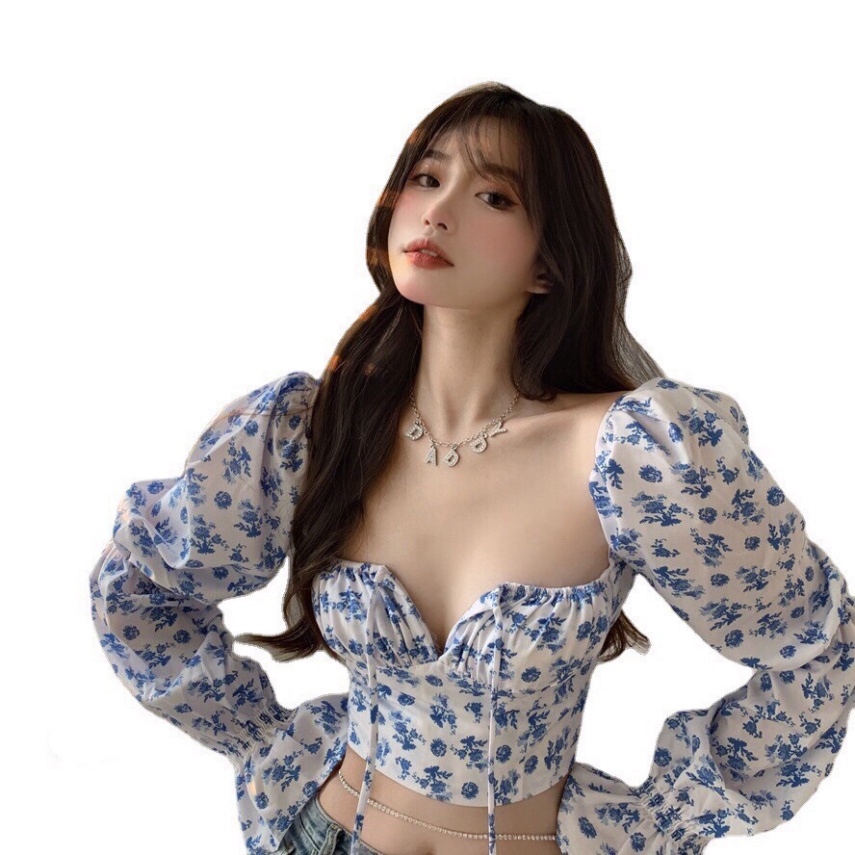 ÁO TRỄ VAI CROPTOP CỔ VUÔNG HỌA TIẾT HOA BUỘC NƠ 3 MÀU - ÁO KIỂU DÚM CHUN SAU BÁNH BÈO DÀI TAY HOT