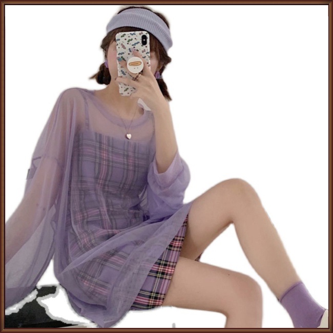 Đầm Hai Dây Màu Tím Kẻ Sọc Caro + Áo Sơ Mi Lưới Chống Nắng Thời Trang Dành Cho Nữ