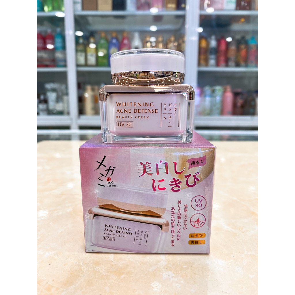 Kem Dưỡng Trắng Da Mờ Thâm Mụn HASI Megami Thảo Dược Whitening Acne Defense UV30 28g