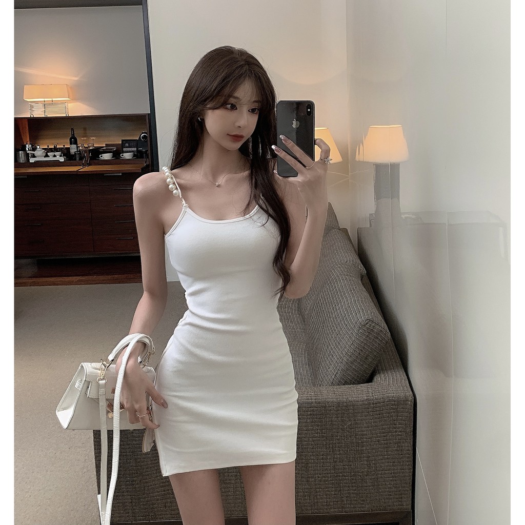 [ Hàng có sẵn ] Đầm trắng ôm body hot girl mùa hè 2021 xẻ đùi