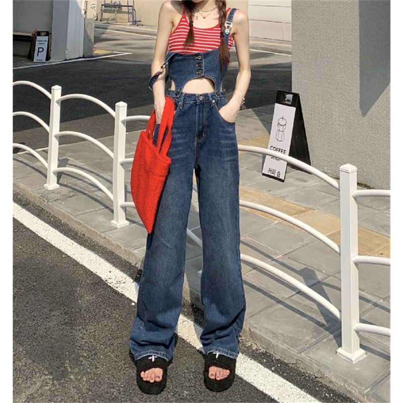 Yếm Quần Jeans Trơn Ống Rộng Tách Rời Hai Chi Tiết Phong Cách Hàn Quốc ❤️