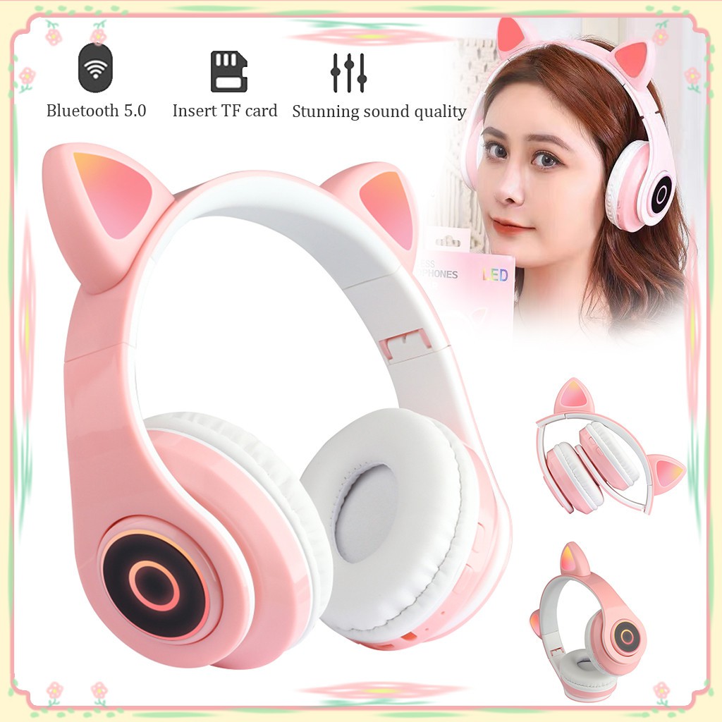 Tai Nghe Bluetooth 5.0 Không Dây Hình Tai Mèo Có Micro Cho Bé Gái