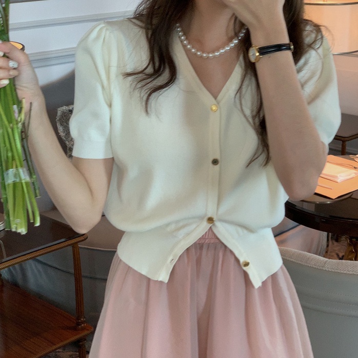 Áo SUXI dệt kim tay ngắn cổ chữ V màu sắc đơn giản dành cho nữ