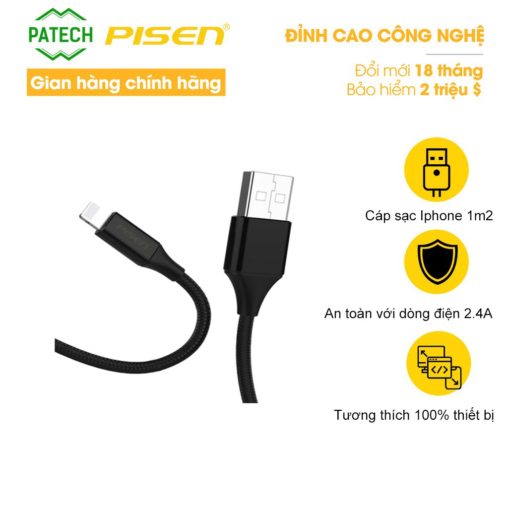Cáp PISEN Pro Lightning braided 1,2m (Chống đứt & gẫy gập, Nylon bện, Fast 2.4A) - Hàng chính hãng