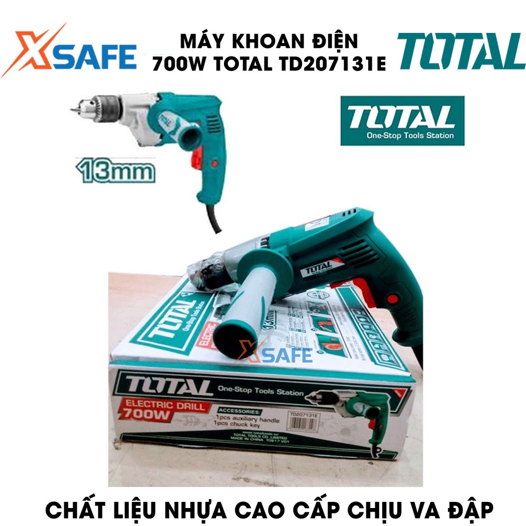 Máy khoan cầm tay TOTAL TD207131E công suất 700w, tốc độ 1200rpm, đầu khoan 1.5-13mm, khả năng khoan sắt 13mm, gỗ 25mm