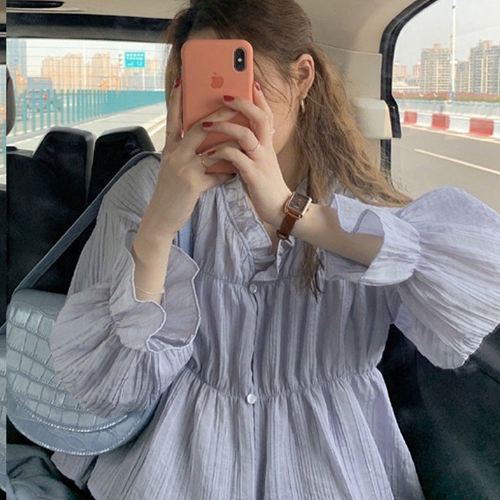 Áo sơ mi chiffon dài tay màu xanh lam thời trang mùa thu cho nữ