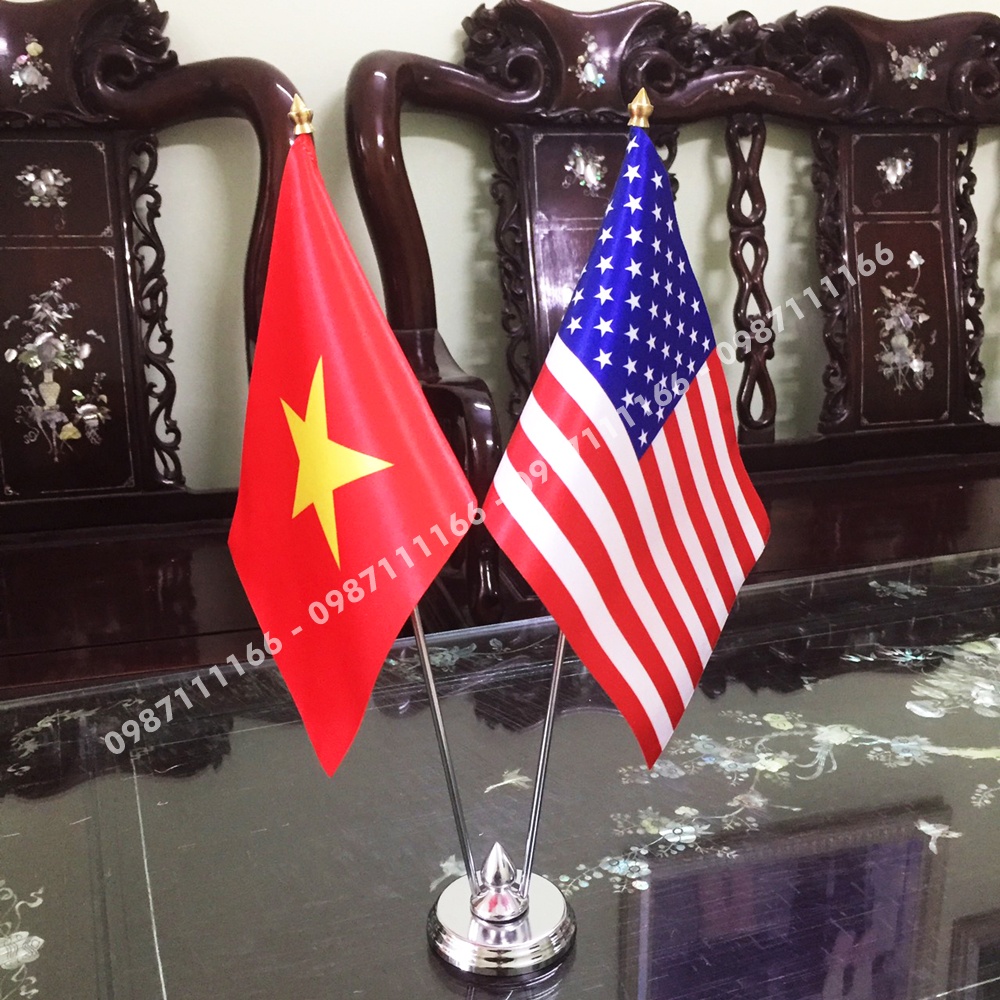 Cờ Để Bàn Đế Inox Loại cắm 2 cờ Việt Nam - Mỹ