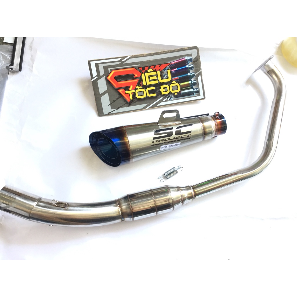 Pô sc xéo đuôi XANH cổ bầu hơi inox exciter, winer, sonic, raider, satria, gsx, tfx, fz, cbr, r15,...