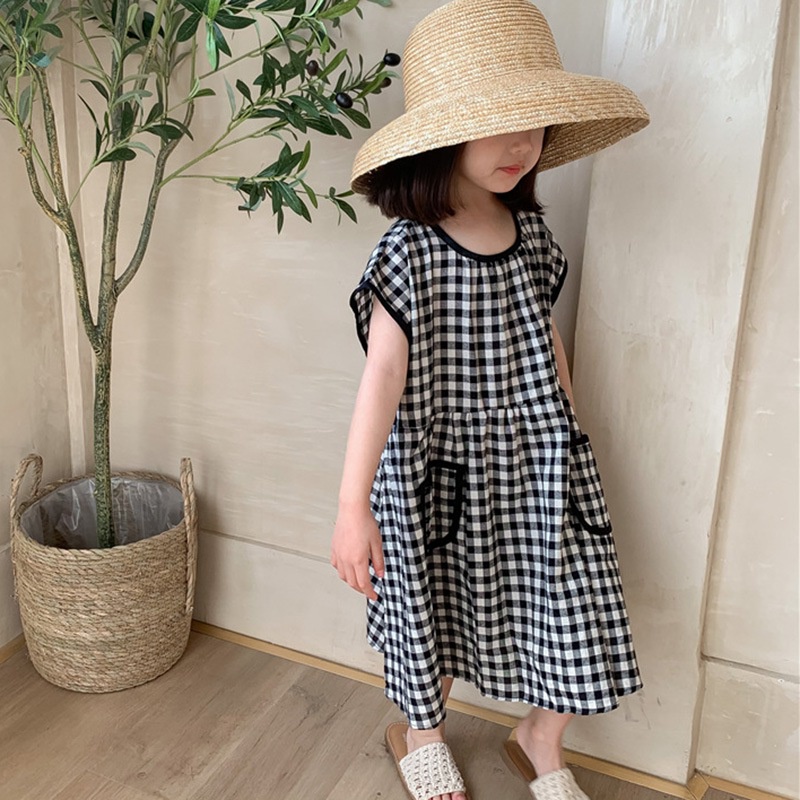 Đầm Dáng Rộng Cổ Tròn Họa Tiết Kẻ Sọc Thời Trang Mùa Hè Xinh Xắn Cho Bé Gái