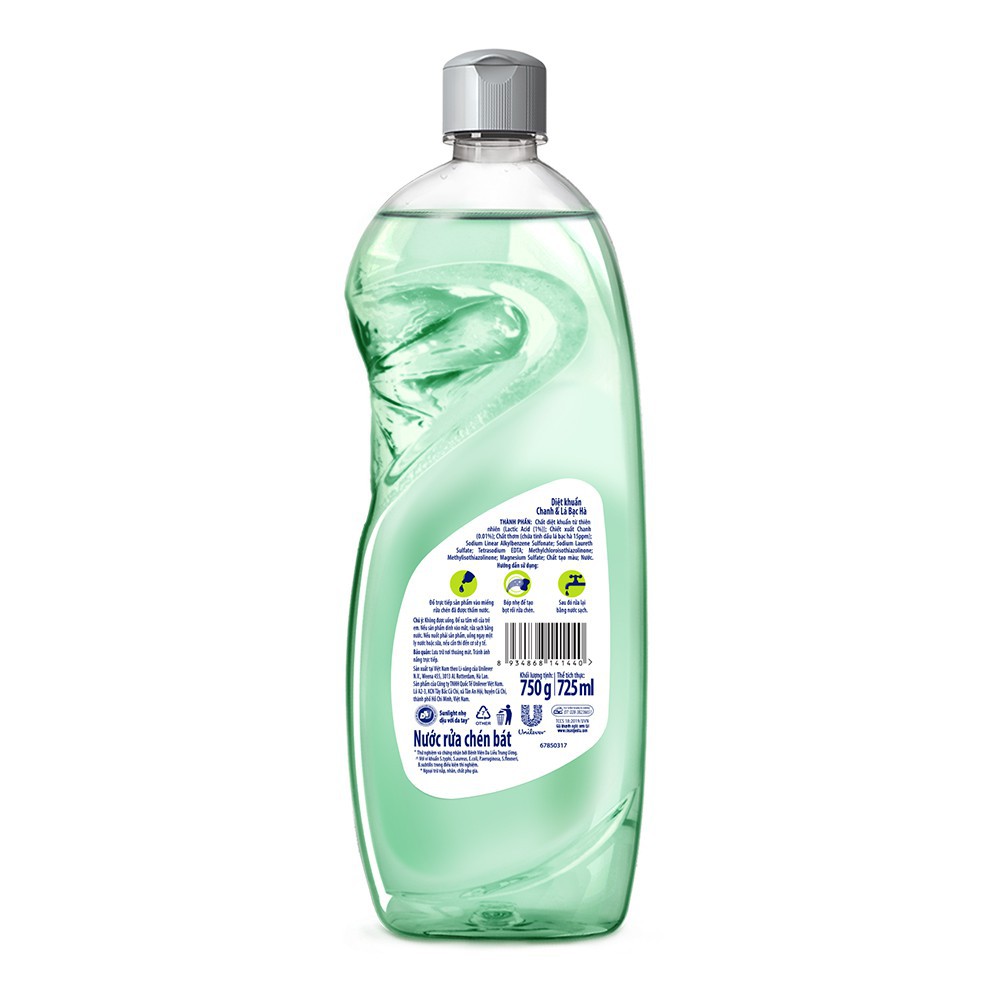 Nước rửa chén Sunlight Diệt Khuẩn chiết xuất Chanh và Lá Bạc hà chai 750g