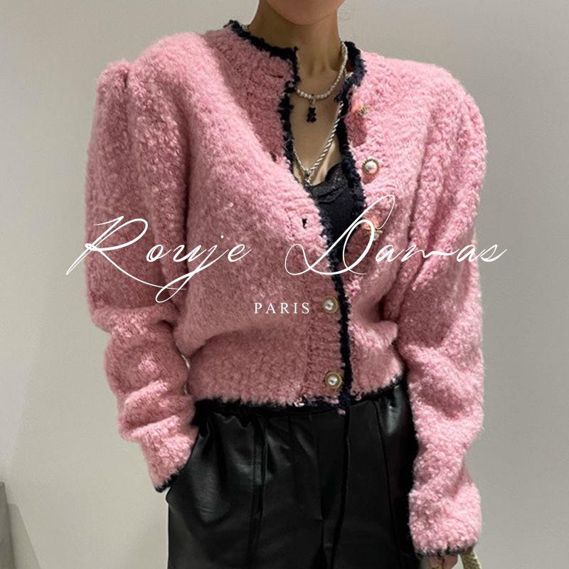 Áo Sweater Dệt Kim Tay Phồng Dáng Rộng Cài Nút Ngọc Trai Màu Sắc Tương Phản Xinh Xắn Cho Nữ