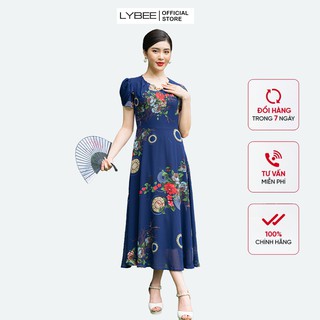 Đầm trung niên LYBEE chất voan tơ cao cấp, dáng xòe mã 584