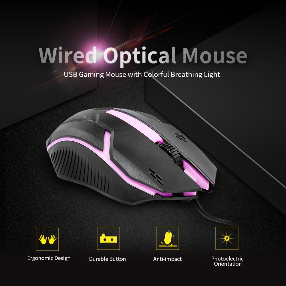 Wired Optical Mouse Optical Sensor Gaming Mouse 1200DPI USB Gaming Mouse Ergonomic Mouse With Colorful Breathing Light Black