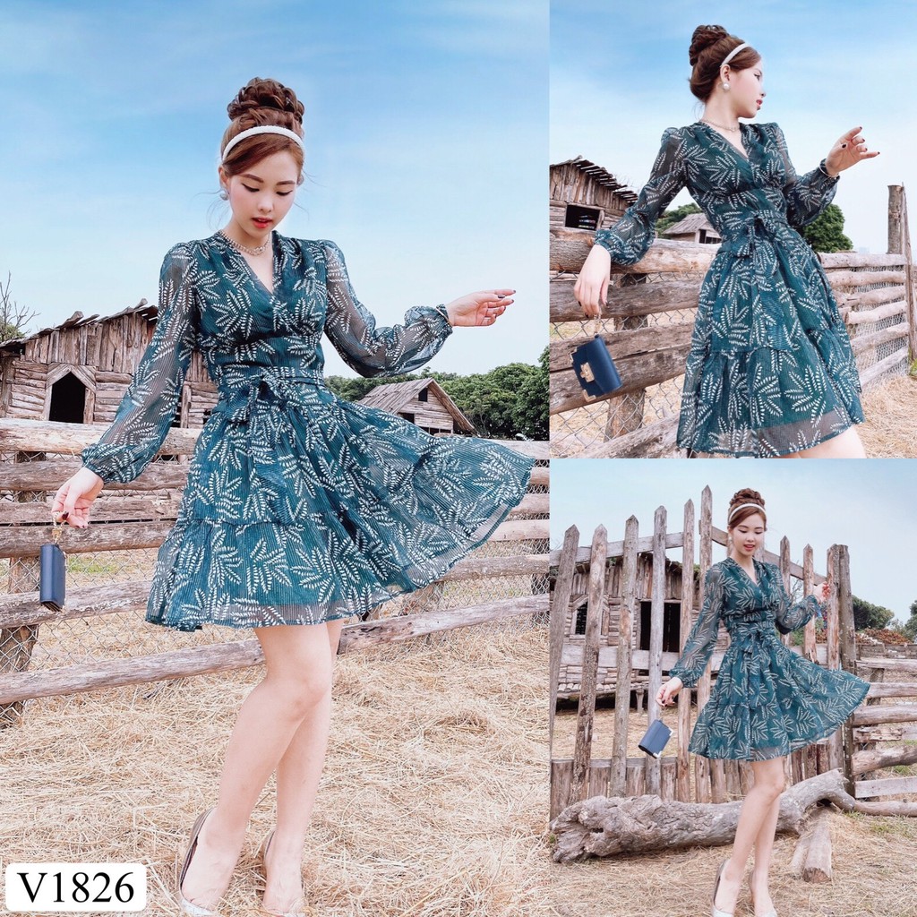 Váy xòe xanh tiểu thư V1826 - Đẹp Shop DVC (Kèm ảnh thật trải sàn do shop tự chụp)