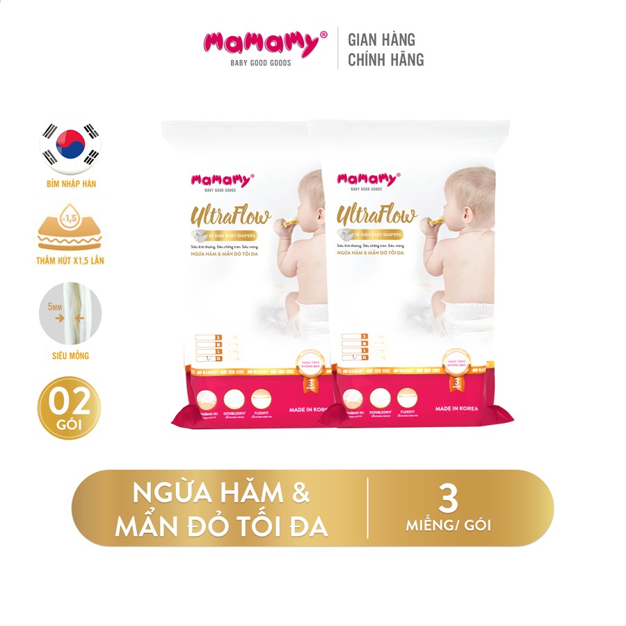 Tã dán Ultraflow ngừa hăm và mẩn đỏ tối đa nhập Hàn Mamamy đủ size S54 M46 L42 XL36 3 miếng/túi - Combo 2 túi