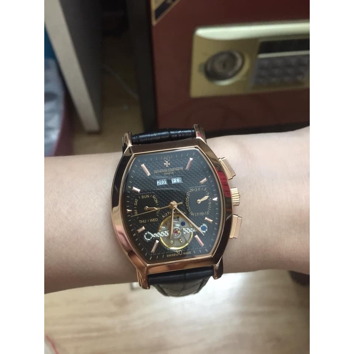 Đồng hồ Nam Vacheron constantin cơ bầu tự động 6kim trăng sao size 40-41 dây da vỏ vàng hồng mặt đen
