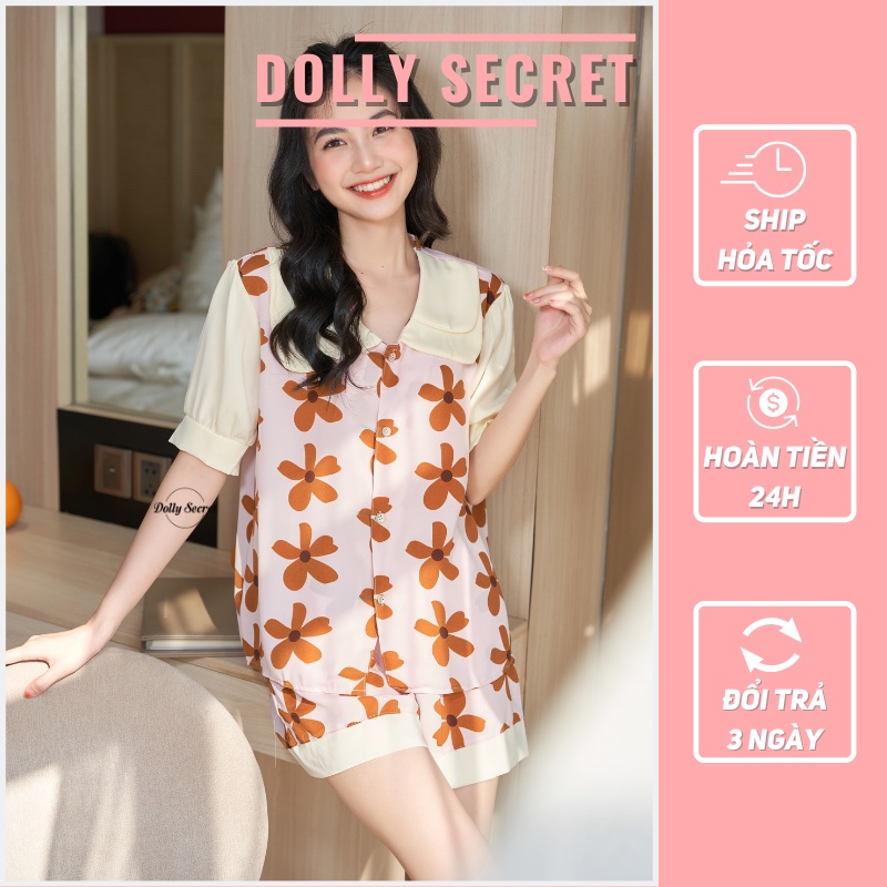 Bộ đồ mặc nhà cộc tay Pijama tay bồng lụa mango họa tiết mùa thu Hàn Quốc DOLLY SECRET CC14