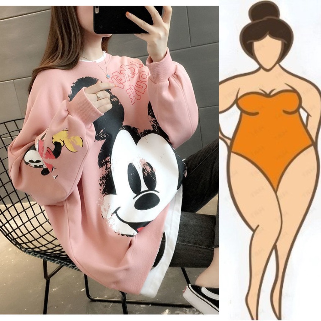 【Plus Size】(40-150kg) Áo Sweatshirt Mỏng Tay Dài Dáng Rộng In Họa Tiết Hoạt Hình Phong Cách Hàn Quốc Cho Nữ