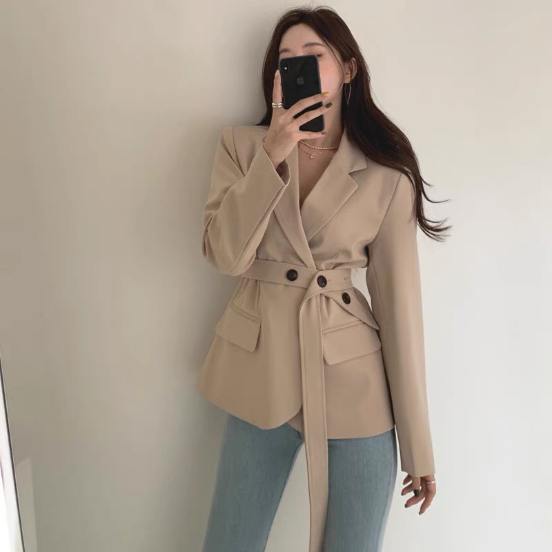 Khoác Blazer Nữ Basic, Áo Khoác Ngoài Mùa Đông Kèm Đai Thắt Eo Form Rộng Kiểu Vintage