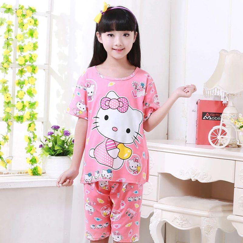 Set Đồ Bộ Ngắn Tay In Hình Mèo Hello Kitty Dễ Thương Dành Cho Bé