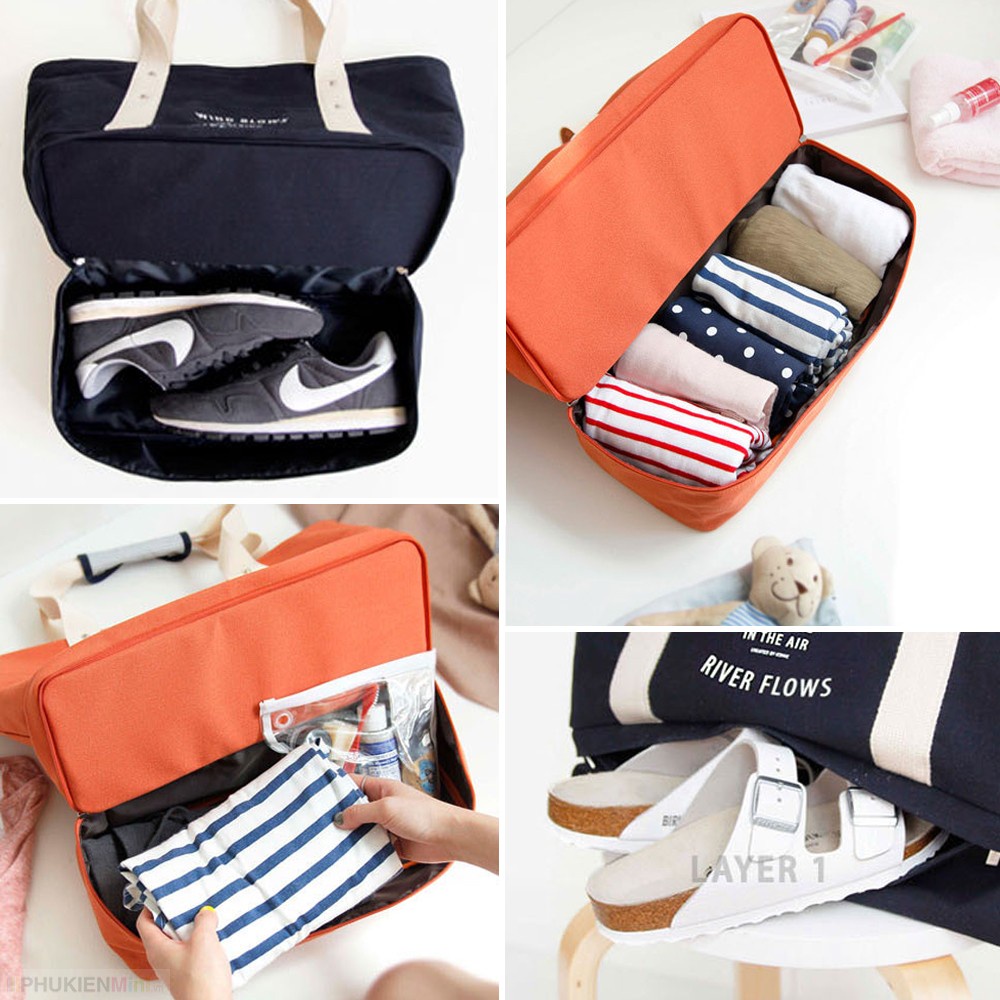 Túi vải canvas loại to gấp gọn nhiều ngăn đựng quần áo giày dép du lịch đi biển đi chơi có quai treo tay nắm vali