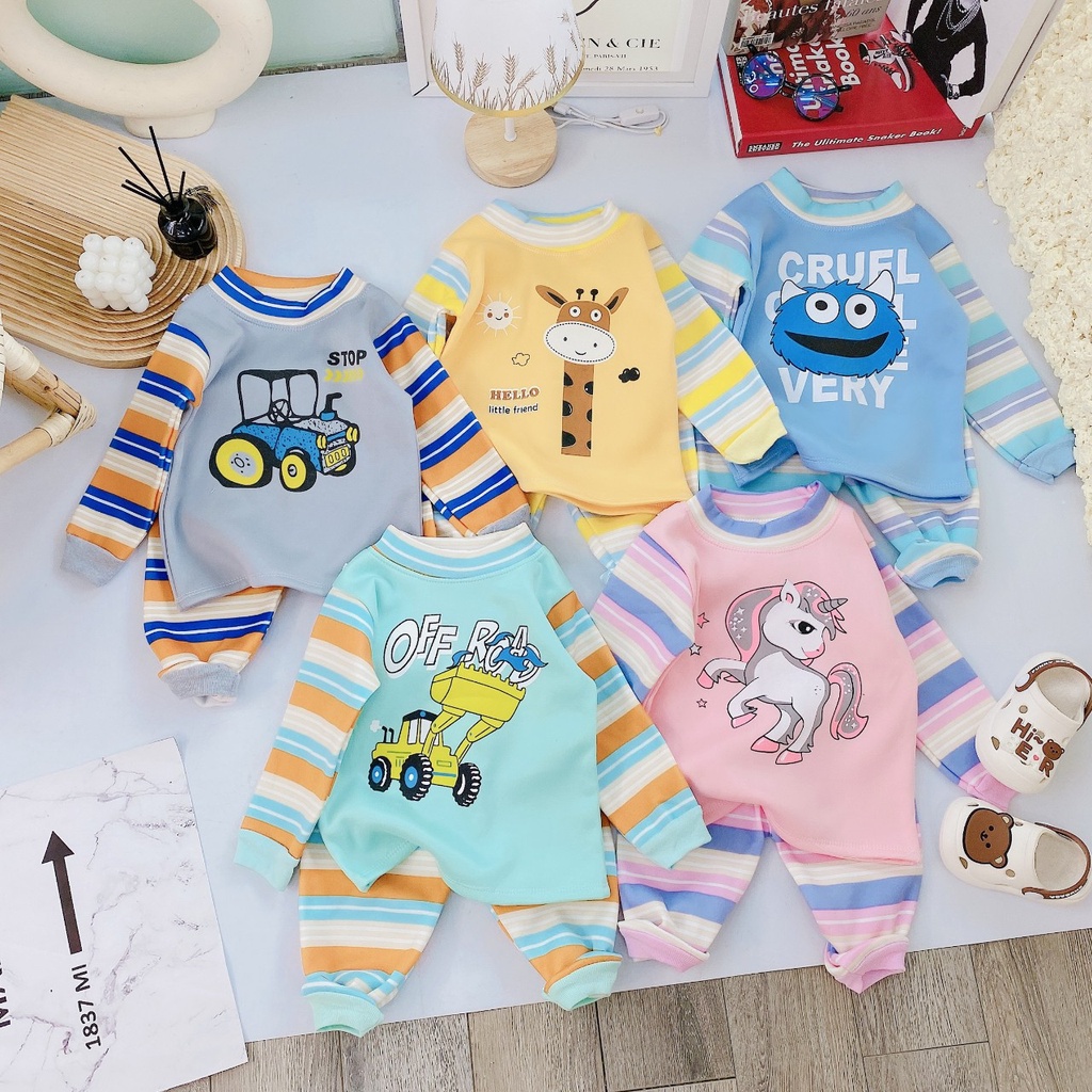 Bộ nỉ bông  cánh tay kẻ  - Bộ  nỉ lót lông  thu đông dầy dặn siêu ấm in họa tiết ngựa hồng cho bé (BD8)