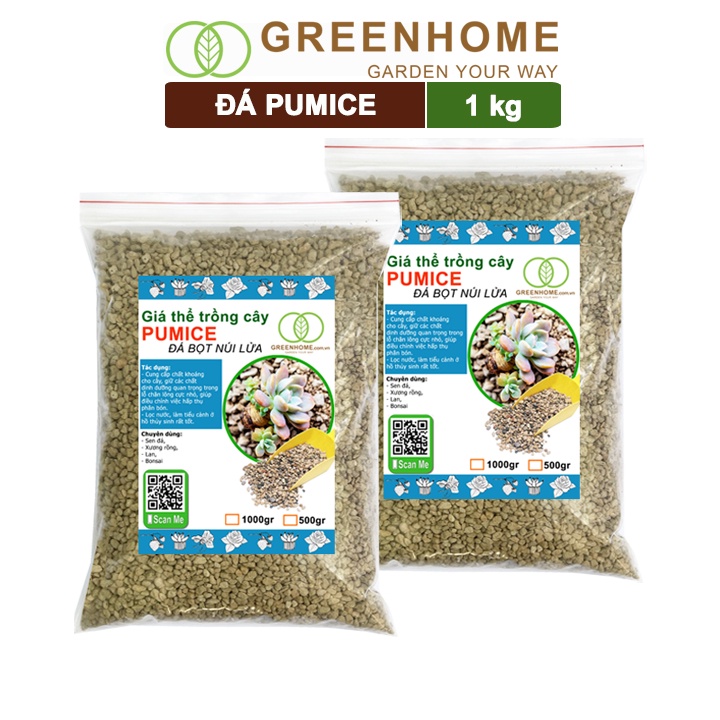 Bộ 2 Đá Pumice 3-6mm, bao 1kg, đá bọt núi lửa, lót chậu nhỏ, trộn đất trồng sen đá xương rồng, trồng Lan |Greenhome