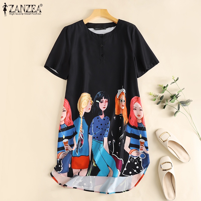 Đầm tay ngắn ZANZEA cổ tròn in họa tiết phong cách cổ điển thời trang cho nữ