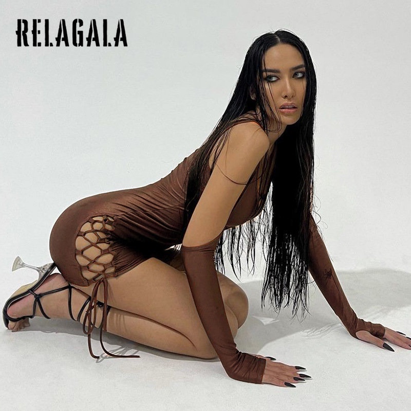 Đầm Relagala cổ chữ U hở lưng phối ren màu trơn thời trang cho nữ