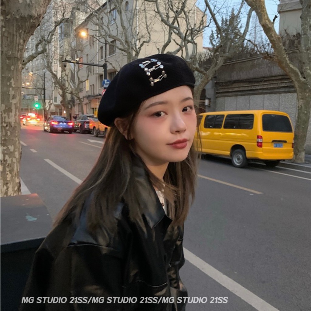 Mũ Beret MG STUDIO Chất Liệu Cotton Thiết Kế Khóa Cài Đinh Tán