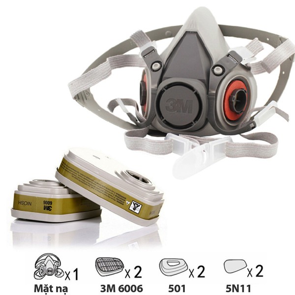 Bộ Mặt nạ phòng độc 3M 6200 / 6100 kèm theo Phin lọc tự chọn + đầy dủ phụ kiện - Phun thuốc sâu, Chống các chất khí độc