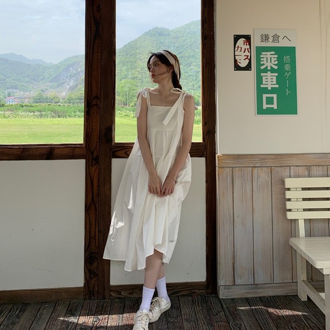 Đầm babydoll hai dây thô buộc vai bản to phong cách Ulzzang Hàn Quốc (Video Unbox)